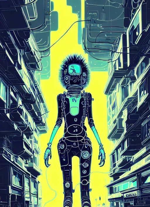 Image similar to highly detailed portrait of wasteland punk long curly neon white plasma electricity hair tribal lady, stray electric spark wiring by atey ghailan, james gilleard, by joe fenton, by greg rutkowski, by greg tocchini, by kaethe butcher, 4 k resolution, gradient yellow, black and white color scheme!!! ( ( lightning cloudy robotic dystopian city background ) )