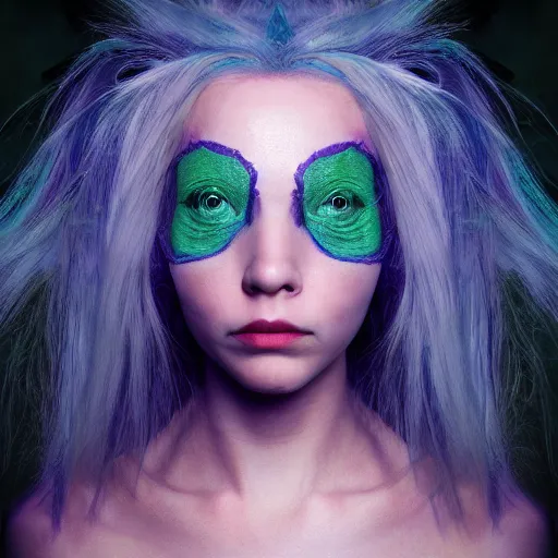 Image similar to The dragon girl portrait, portrait of young girl half dragon half human, dragon girl, dragon skin, dragon eyes, dragon crown, blue hair, long hair, highly detailed, cinematic lighting, by David Lynch and Sofia Coppola