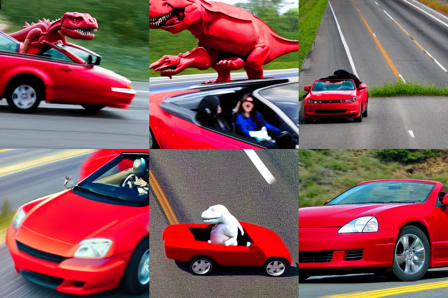 Prompt: a t-rex happily riding a fast red convertible on the highway, taken by the speed camera, detailed