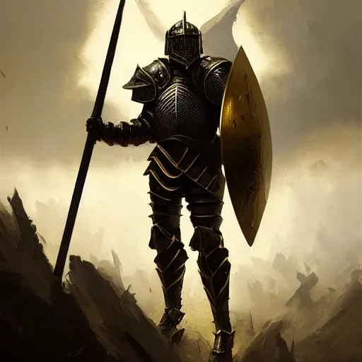 Image similar to anthropomorphic knight warrior in battle wearing black and gold plate armor, oil painting, Tooth Wu, Greg Rutkowski, RPG, dynamic lighting, fantasy art, High contrast, depth of field, landscape, scenery