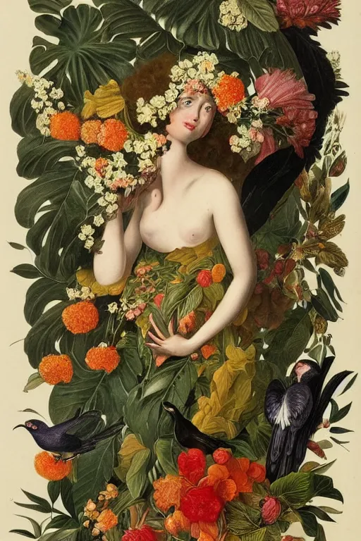 Image similar to beautiful girl Amalgamation with flowers, fruits, birds by Beto Val, John James Audubon, vintage illustration, bizarre compositions, Exquisite detail