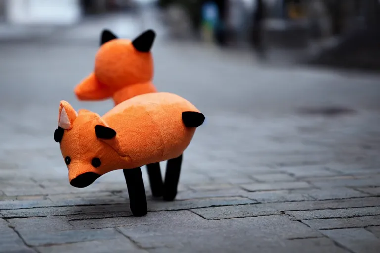 Image similar to A fabric stuffed animal toy fox plushie wagging its tail rapidly while sitting on the sidewalk, dynamic, motion blur, 1/4 shutter speed, award winning photography