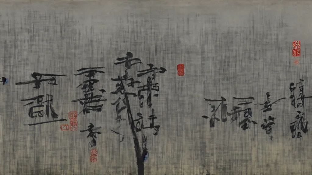 Prompt: a chinese prison near a river by peter doig, muted grey colors, overlaid with chinese letters