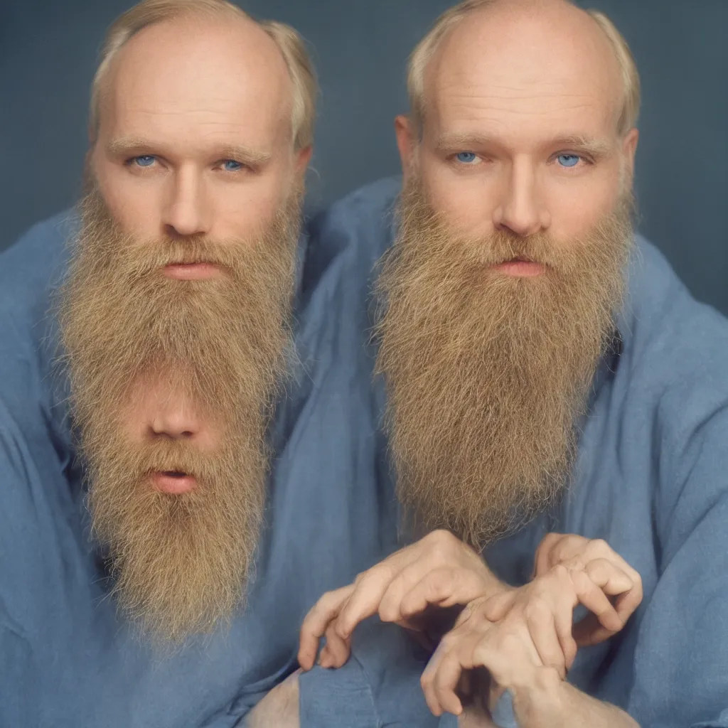 Image similar to color 35mm film still of a balding, middle aged blond man with a full blond beard and dark blue eyes, figure portrait