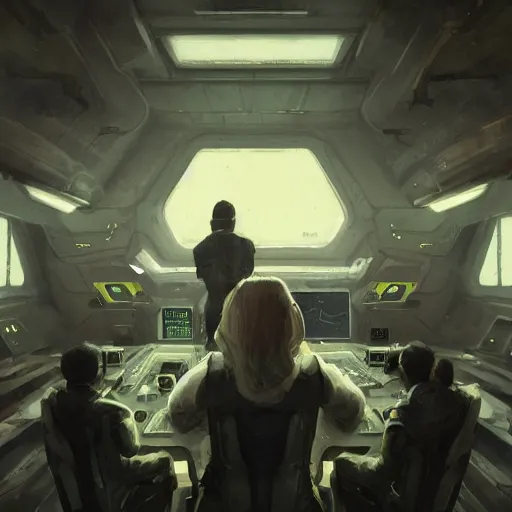 Image similar to concept art by greg rutkowski, a very tall, and slender woman with blond hair, sitting with the crew in the ship's flight deck, brutalist futuristic interior, dark lighting atmosphere, detailed portraits, nostalgic atmosphere, scifi, digital painting, artstation, concept art, smooth, sharp foccus ilustration, artstation hq