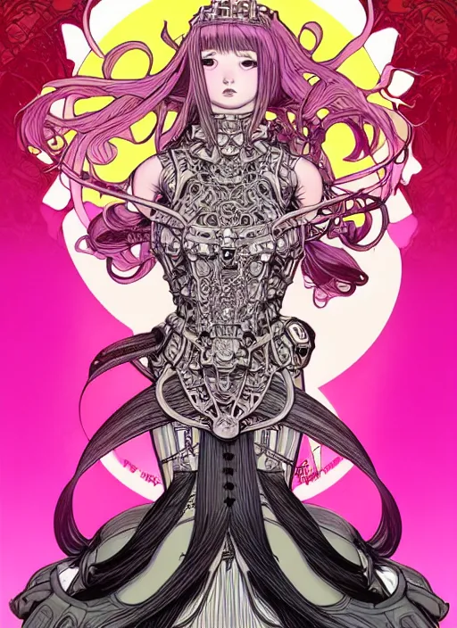 Image similar to artgerm highly detailed terada katsuya artstation manga poster of princess mechine, long hair, armor, dress, laces, ruffles, 8 k, maximalist, hinny fluorescent gradient reflection, jump comics, tomer hanuka, alphonse mucha