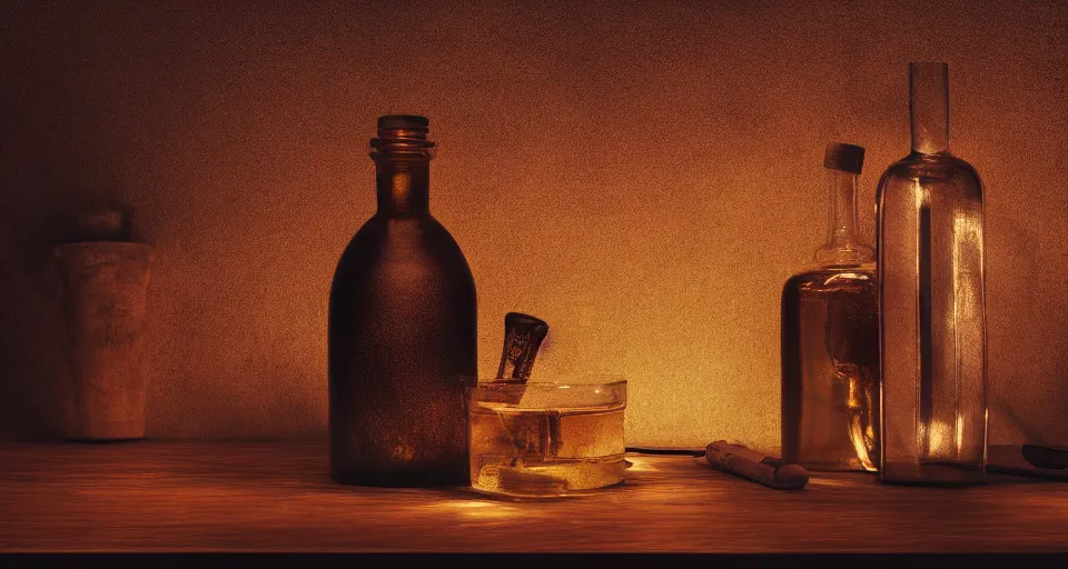 Image similar to a magical bottle on a table, atmospheric lighting, cinematic, 4 k, cinematic composition