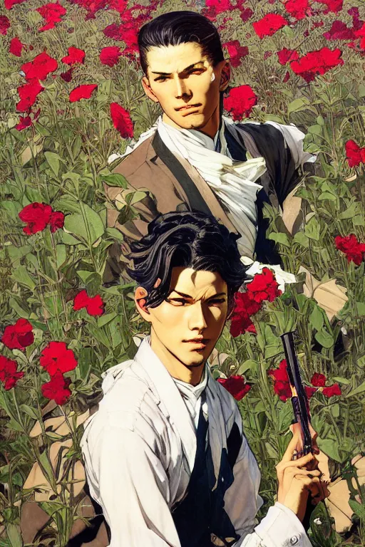 Image similar to attractive young thug in flower field, painting by j. c. leyendecker, yoji shinkawa, katayama bokuyo