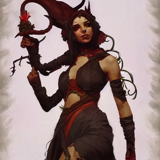 Prompt: cute Whimsical Tiefling Druid with devil tail D&D, fantasy, full body portrait, highly detailed, digital painting, artstation, concept art, sharp focus, illustration, art by greg rutkowski and alphonse mucha