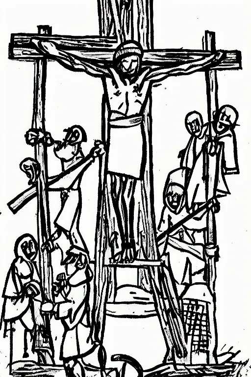 Prompt: steamboat willie crucified on a cross, drawn by Walt Disney