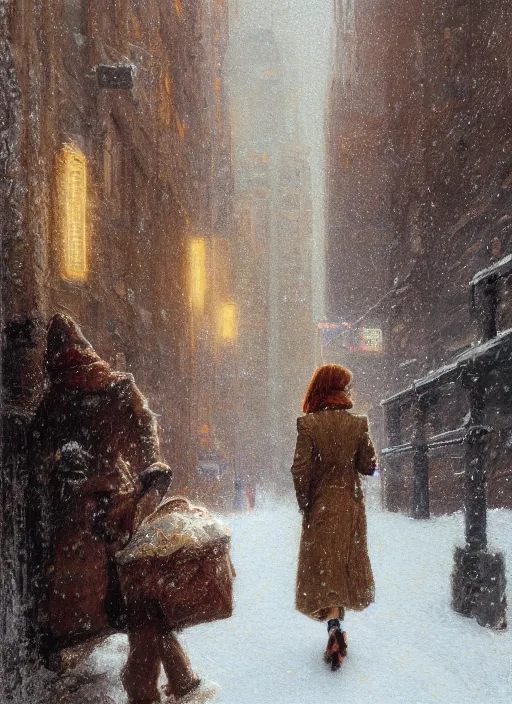 Image similar to back of emma stone in beige coat, walking into new york apartment building in winter, snow, artwork by gaston bussiere, craig mullins, trending on artstation