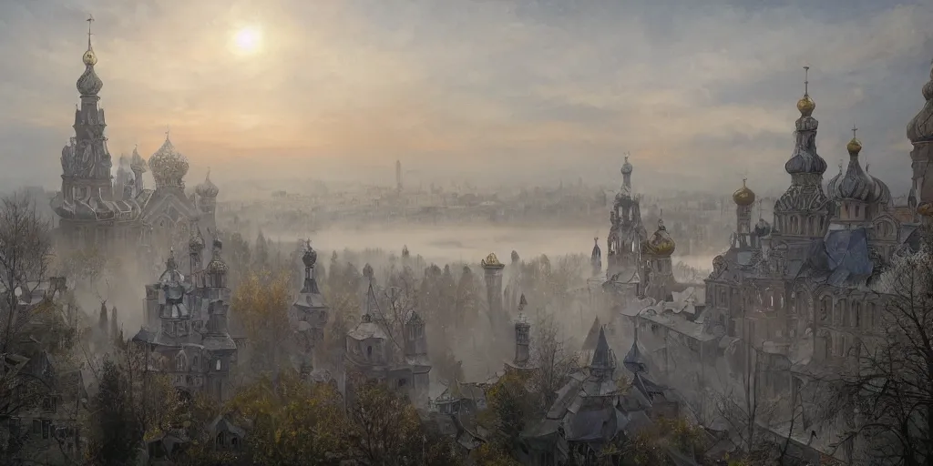 Prompt: beautiful magical ancient Slavic city of Kitezh in mist, magical glow, magic mist, strange buildings, oil painting, painting by Viktor Vasnetsov, concept art, fantasy cityscape, ancient Russian architecture, painting by Ivan Shishkin, hyperborea, high resolution, trending on artstation, hyperrealism