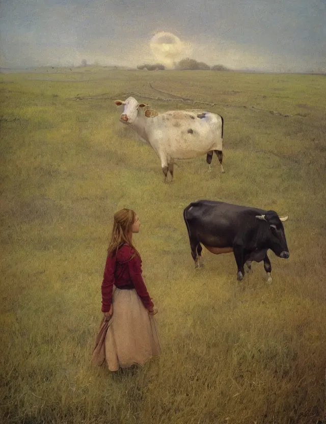 Image similar to portrait of peasant girl and cow on a farm, cottage core, polaroid photo bleached vintage pastel colors high - key lighting, soft lights, foggy, by steve hanks, by lisa yuskavage, by serov valentin, by tarkovsky, 8 k render, detailed, oil on canvas
