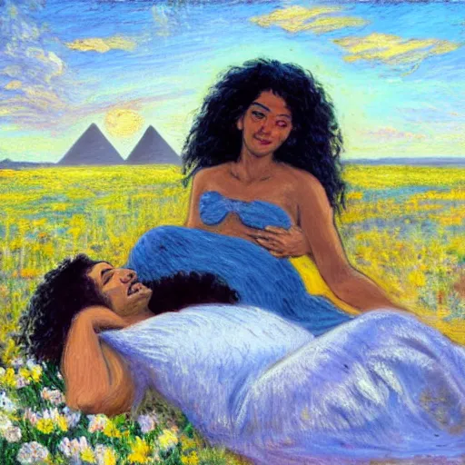 Prompt: egyptian man with long curly hair in a field of flowers, alongside a pregnant black woman with curly hair, laying down, picnic, with a tiny black puppy in the middle, golden hour, vintage, impressionist painting, fine art, oil painting, dreamy, pastel, laughing, happy, intricate details, sharp, peaceful, serene