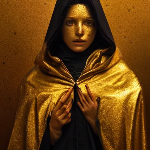 Image similar to a portrait of a young woman wearing a long dark cloak, hood and shadows covering face, holding golden chains, oil painting, matte painting, black background, Volumetric Golden dappled dynamic lighting, Highly Detailed, Cinematic Lighting, Unreal Engine, 8k, HD, by Beksinski