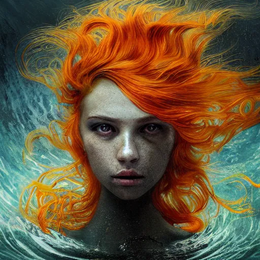 Prompt: Portrait of a mermaid in a sunken ship, face, orange flowing hair, fantasy, intricate, elegant, beautiful, magical, large grey eyes, luminescent, enchanted, yellow mist, highly detailed, hyper realistic, digital painting, artstation, concept art, smooth, sharp focus, art by Heady Tale and Artem Demura and Norman Rockwell, 4k, 8k