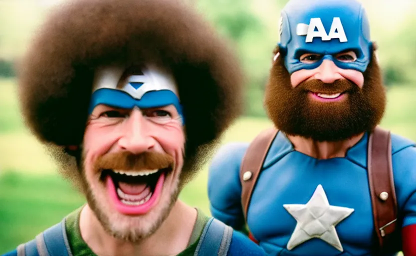 Image similar to cinestill 5 0 d candid photographic portrait by helen levitt of a smiling bob ross as captain america, modern, bright, emotional cinematic, on a green hill, 8 k, hd, high resolution, 3 5 mm, f / 3 2, ultra realistic faces, ex machina