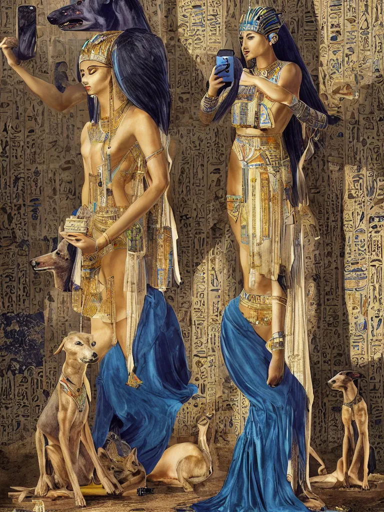 Prompt: portrait of a beautiful female ancient Egyptian goddess next to the god Anubis as a whippet, blue lotus flowers grow around them, checking her iphone by Alessio Albi, painted by Artgerm, by Marc Simonetti, by Ernst Haeckel