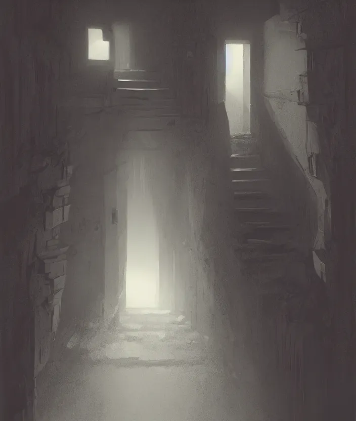 Image similar to a door at the end of a long dark staircase leading down and a dark corridor by raphael lacoste, trending on artstation