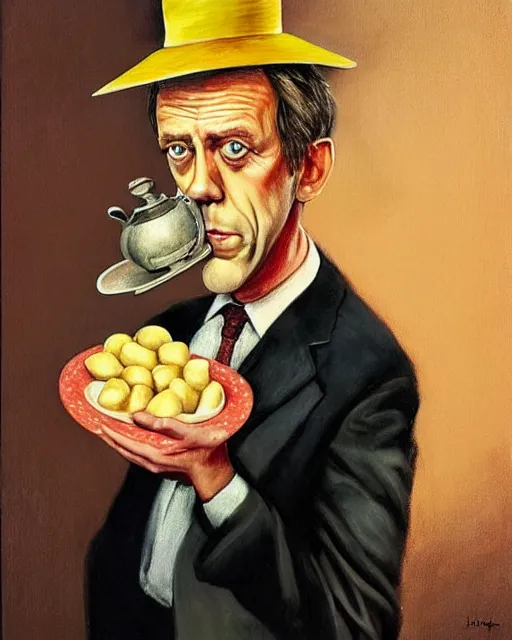 Prompt: hugh laurie with potatoes instead of eyes, wearing a tea pot as a hat, surrealist painting, highly detailed