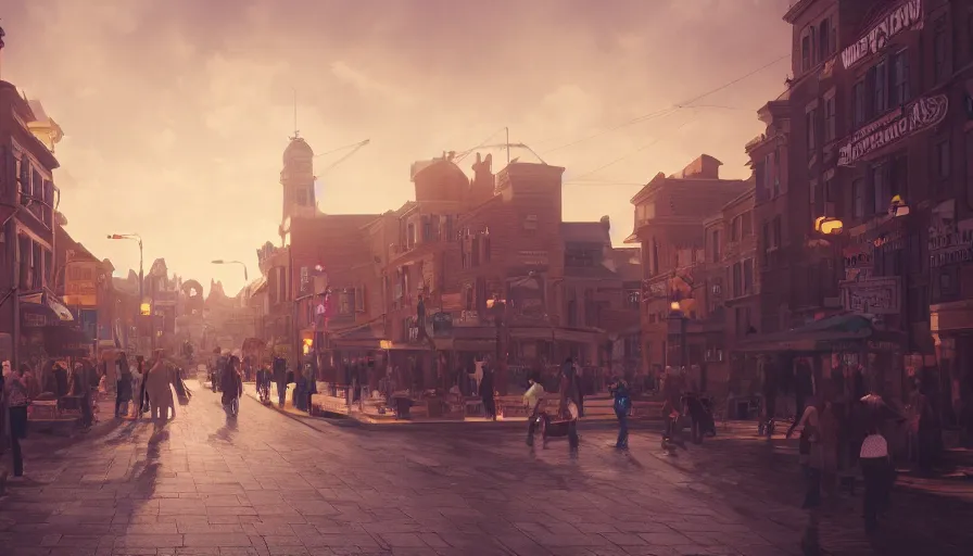 Image similar to midwest town with crowded square, cloudy day, volumetric light, small town, hyperdetailed, artstation, cgsociety, 8 k