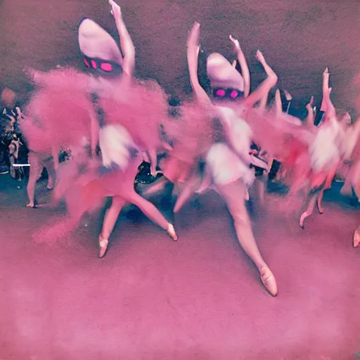 Image similar to pinhole photo of dancers made from cotton candy in big geometric MASKS, smudge, lo fi, mix, texture