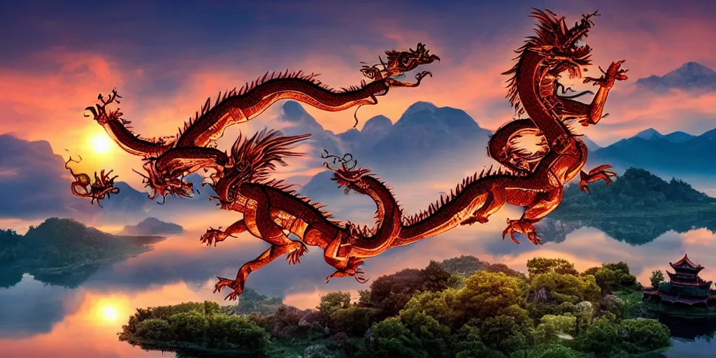 Image similar to fantastic chinese dragon flying over a lake, hd, 4 k, beautiful colors, sunset