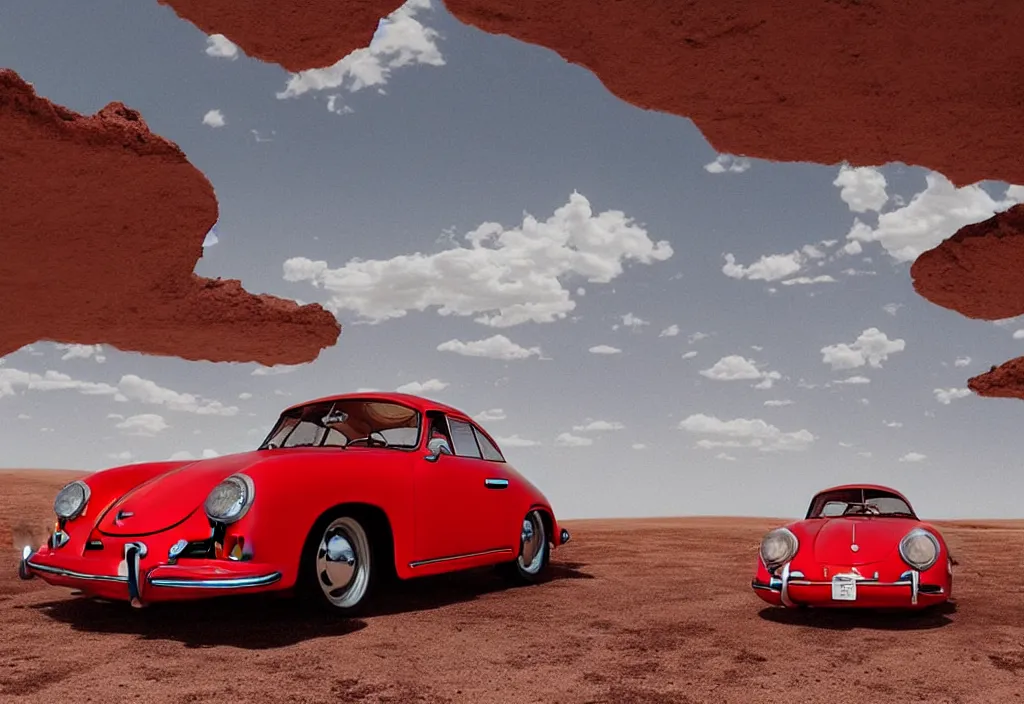 Prompt: “a red porsche 356 is parked in the middle of the desert, a matte painting by Scarlett Hooft Graafland, featured on unsplash, australian tonalism, anamorphic lens flare, cinematic lighting, rendered in unreal engine”