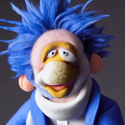 Prompt: rick sanchez as a muppet with blue hair wearing a white lab coat. highly detailed felt. hyper real photo. 4 k.