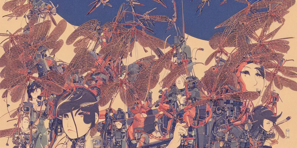 Image similar to gigantic dragonflies with human faces catch tiny robots, a lot of exotic mechas robots around, human heads everywhere, risograph by kawase hasui, satoshi kon and moebius, 2 d gouache illustration, omnious, intricate, a lot of tiny details, fullshot