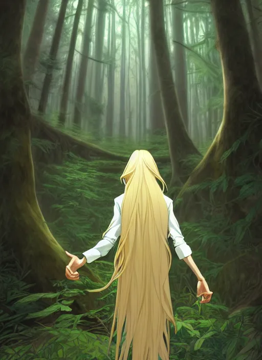 Image similar to slender young man with long blond hair, from behind, wearing wizard robes, lost in a forest, natural lighting, path traced, highly detailed, high quality, digital painting, by don bluth and ross tran and studio ghibli and alphonse mucha, artgerm