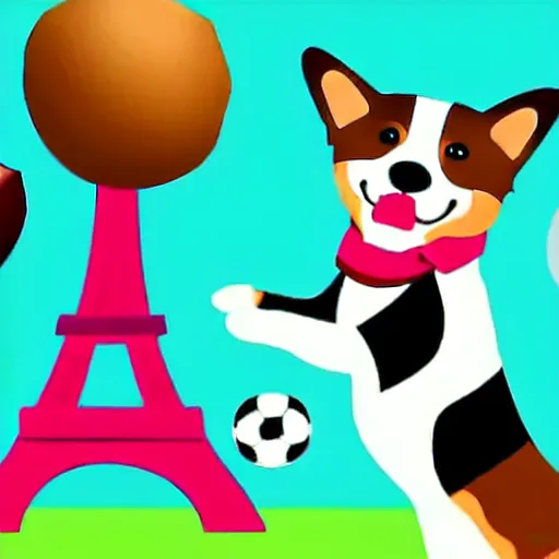 Image similar to illustration of french boy playing football with a corgi wearing a polkadot scarf in front of the eiffel tower