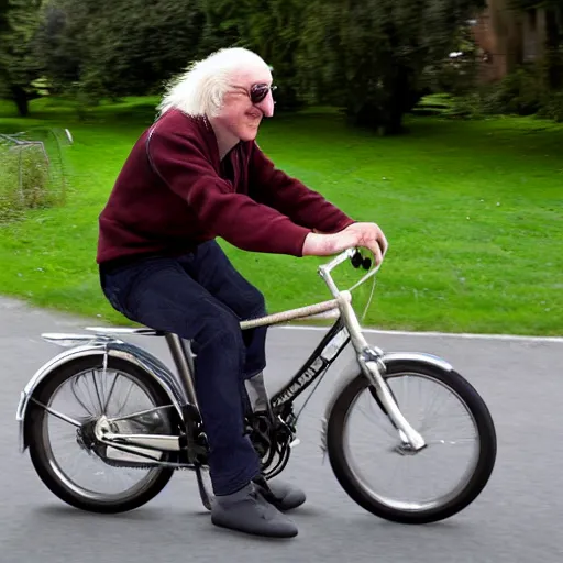 Prompt: jimmy savile riding bike, detailed, photorealistic, 8 k, wide shot,