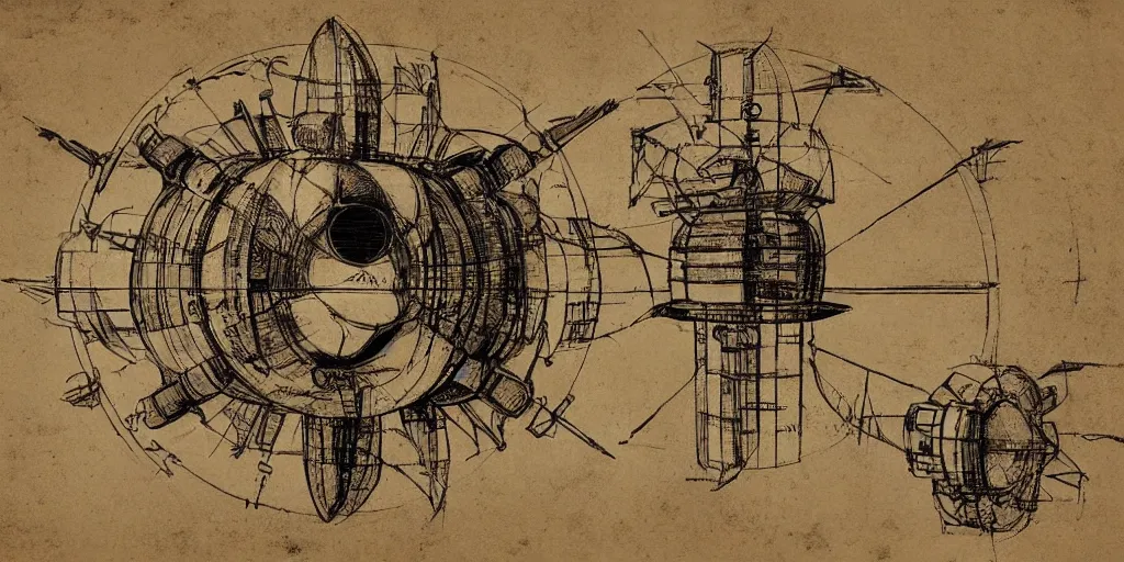 Prompt: a diagram describing the inner workings of an advanced alien propulsion system. by leonardo da vinci. trending on artstation.