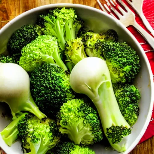 Image similar to a brocolli eating a turnip with utensils