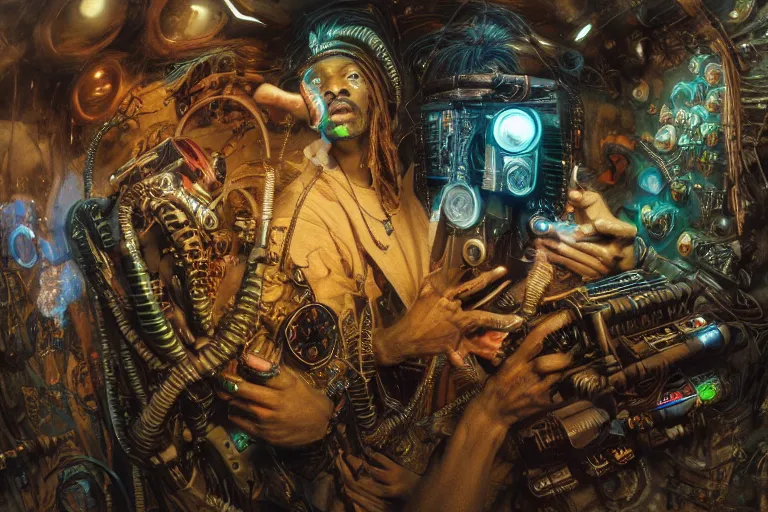 Image similar to a fisheye lens photo of a post apocalyptic tribal cyborg snoop dogg tweaking and playing synthesizers in the most complicated and technical spiral fractal musical studio, powerful, cinematic, beautifully lit, by donato giancola, by artgerm, by karol bak, 3 d, perfect face and body, trending on artstation, octane render, 8 k