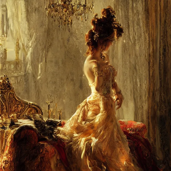 Prompt: longing look of a woman at sunrise, portrait, highly detailed, backlit, bourgeoise, extremely opulent, ornate art, pompous, ornamental, richly detailed, digital art by wlop, adolph menzel, carvaggio