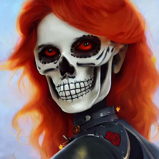 Image similar to cute & beautiful smug smiling undead skeleton girl with very attractive face and red hair dressed as a soviet mitary officer, elegant, digital art, fullbody painting, fantasy, pixar style, painting, pin up, highly detailed, artstation, art by artgerm, vrubel, greg rutkowski, ilya kuvshinov, raymond swanland