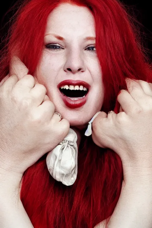 Prompt: A beautiful clothed woman with red hair, mouth slightly open, looking at the camera, award winning photograph by Annie Liebowitz