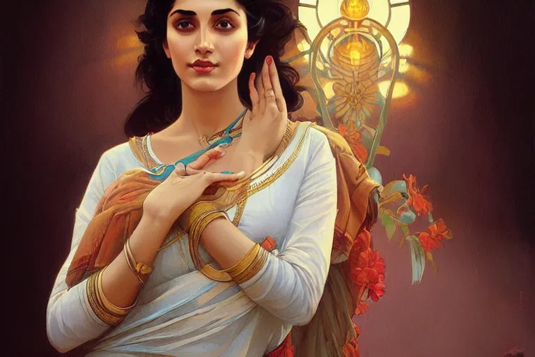 Image similar to sensual pale beautiful indian doctor in jeans, art deco portrait, elegant, intricate, digital painting, artstation, concept art, smooth, sharp focus, illustration, art by artgerm and greg rutkowski and alphonse mucha