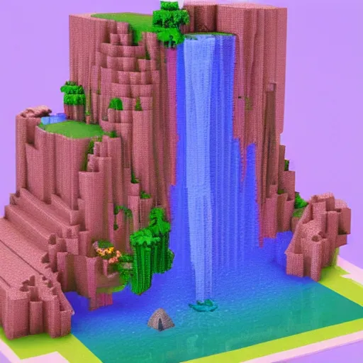 Prompt: a beautiful waterfall, 3 d voxel art, pastel tones