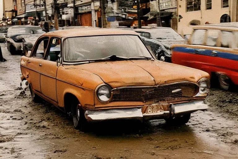 Prompt: street photography by fred herzog, award winning photo of an ultra detailed intricate dirty vintage ford car speeding very fast on mud, fast shutter speed, motion blur, tiny gaussian blur, highly detailed, highly intricate, depth of field, trending on top gear