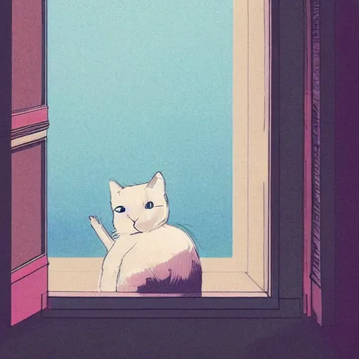 Image similar to A beautiful photo of a white cat looking out of the window at night , by Victo Ngai,It has blue eyes , Photography , Long-range shots