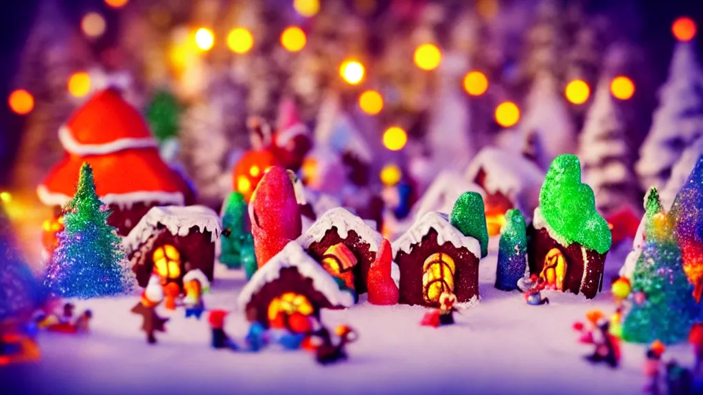 Prompt: closeup of miniature gingerbread candy village, colorful, fantasy, fairytale, forest, halloween, snow, bokeh, depth of field 1 0 0 mm, cinematic scene, studio quality, visually stunning, unreal engine, octane render, trending on artstation, artgerm, cgsociety