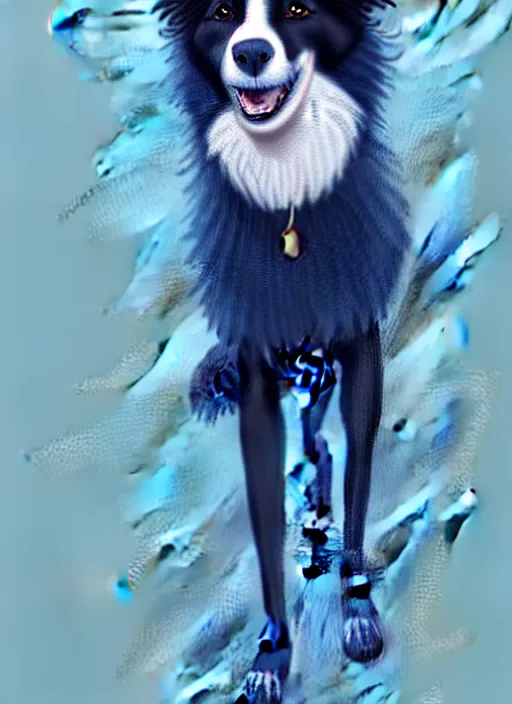 Image similar to full body portrait of a cute male anthropomorphic border collie fursona wearing a blue dog collar and standing in the rain, beautiful, model pose, realistic proportions, highly detailed, scenic background, trending on artstation, art by charlie bowater and henry asencio and and ross tran