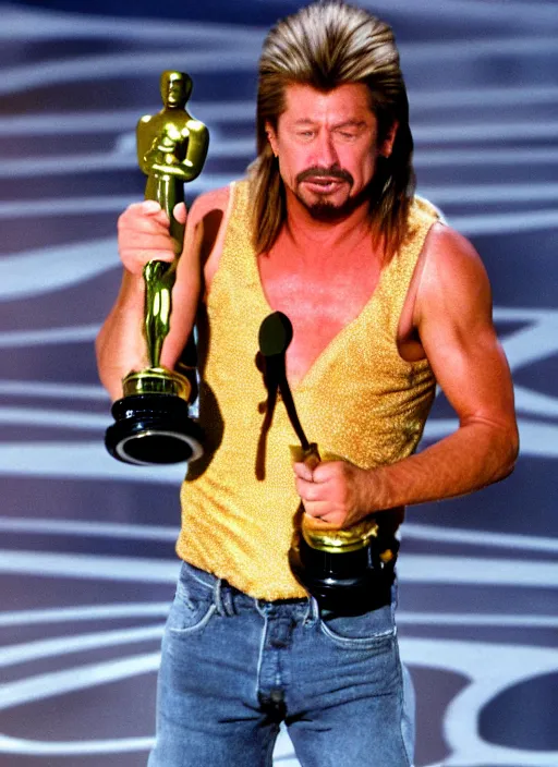 Image similar to an ultra realistic photograph of Joe Dirt winning an oscar, highly detailed, 8k photo