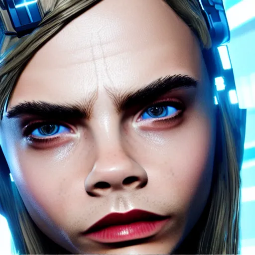 Image similar to cara delevingne as a borg ( star trek ), unreal 5, daz, hyperrealistic, octane render, rpg portrait, dynamic lighting, fantasy art, beautiful face