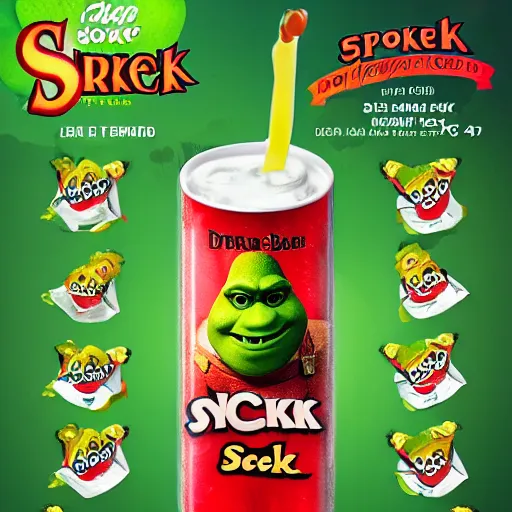 Image similar to an advertisement for a shrek soda, with the theme and taste of shrek , soda bottle with a small illustration based on the shrek pasted on the packaging, award winning, studio light, 4K