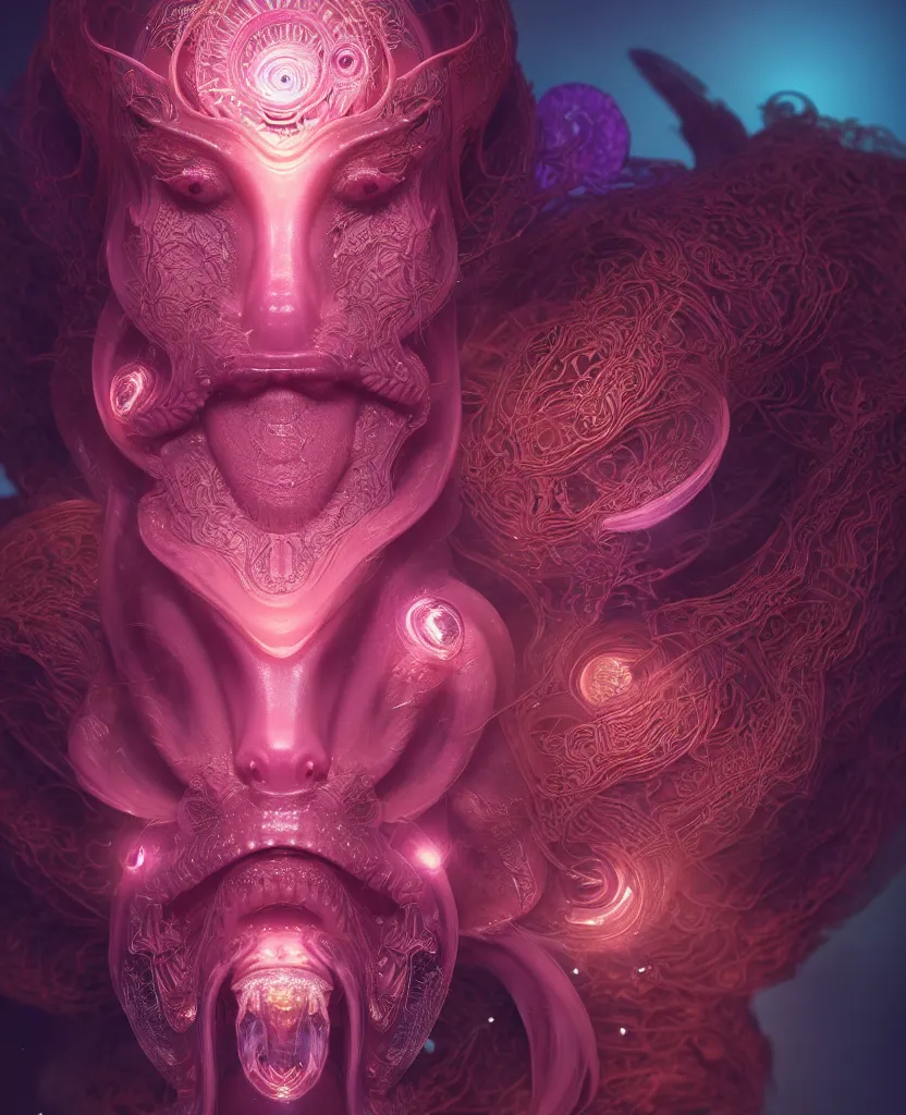 Image similar to goddess close-up face portrait. chimera orchid jellyfish phoenix head, nautilus, skull, betta fish, bioluminiscent creatures, intricate artwork by Tooth Wu and wlop and beeple. octane render, trending on artstation, greg rutkowski very coherent symmetrical artwork. cinematic, hyper realism, high detail, octane render, 8k