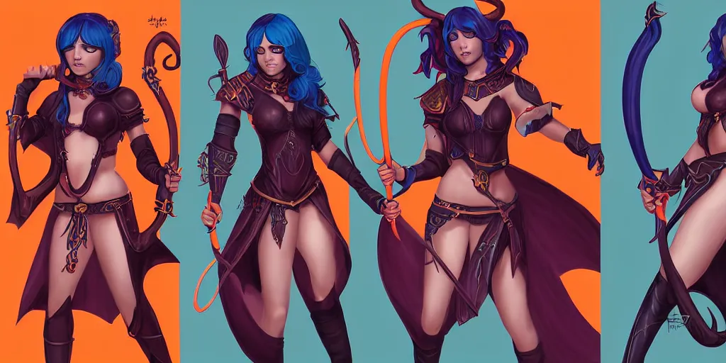 Prompt: triptych of youthful female feminine horned tiefling female bard with long bob cut blue hairstyle, her skin is tangerine, she has immaculate skin and pure black eyes and is wearing colorful leather armor by rossdraws,